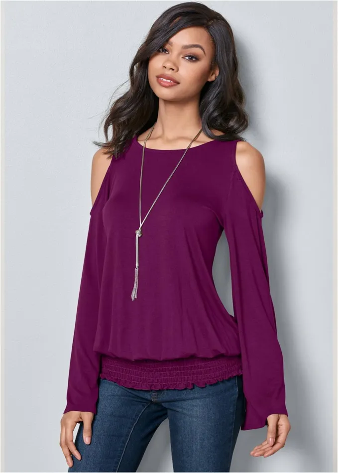 Coldshoulder Blouson Top Dark Purple Women VENUS Venus Basics Tops