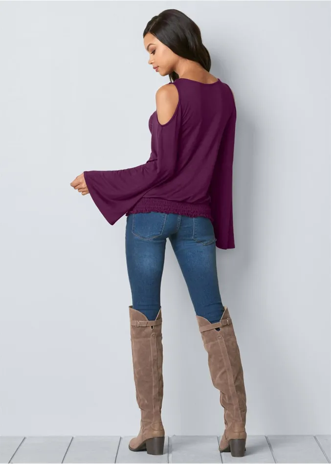 Coldshoulder Blouson Top Dark Purple Women VENUS Venus Basics Tops
