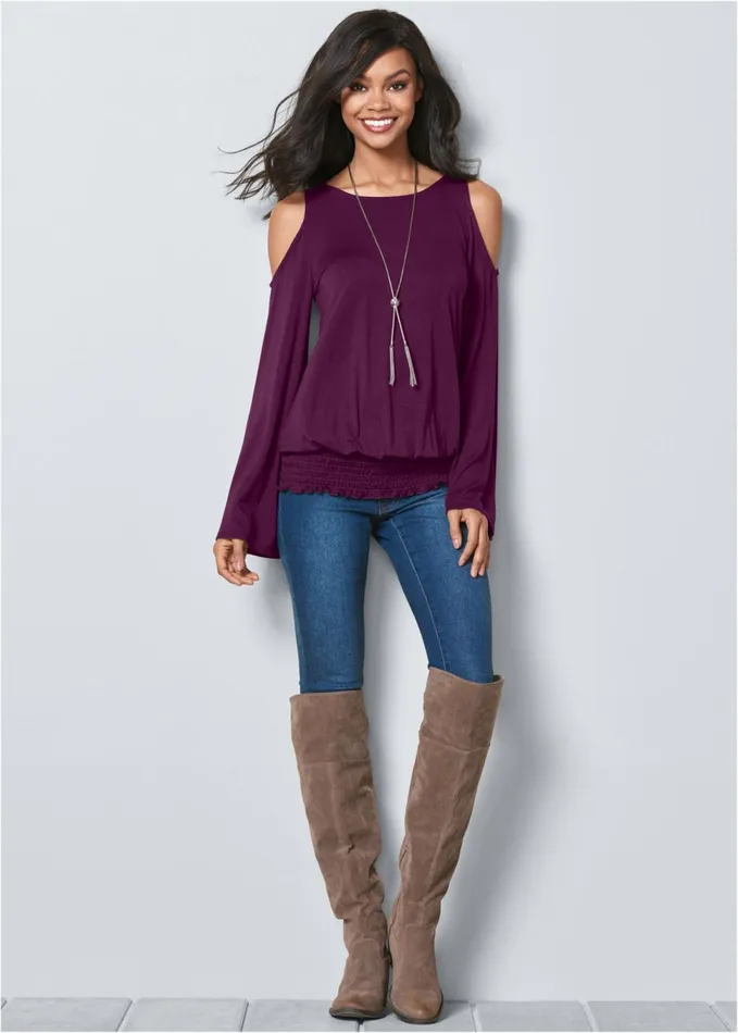 Coldshoulder Blouson Top Dark Purple Women VENUS Venus Basics Tops