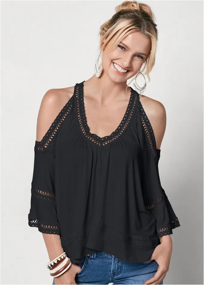 Coldshoulder Lace Trim Top Black Women VENUS Casual Tops