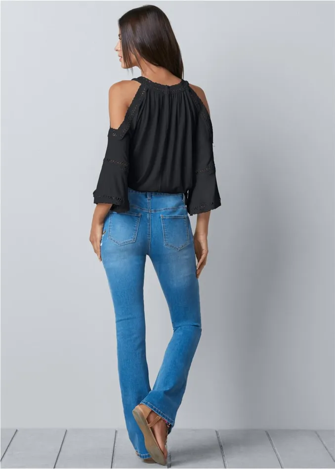 Coldshoulder Lace Trim Top Black Women VENUS Casual Tops