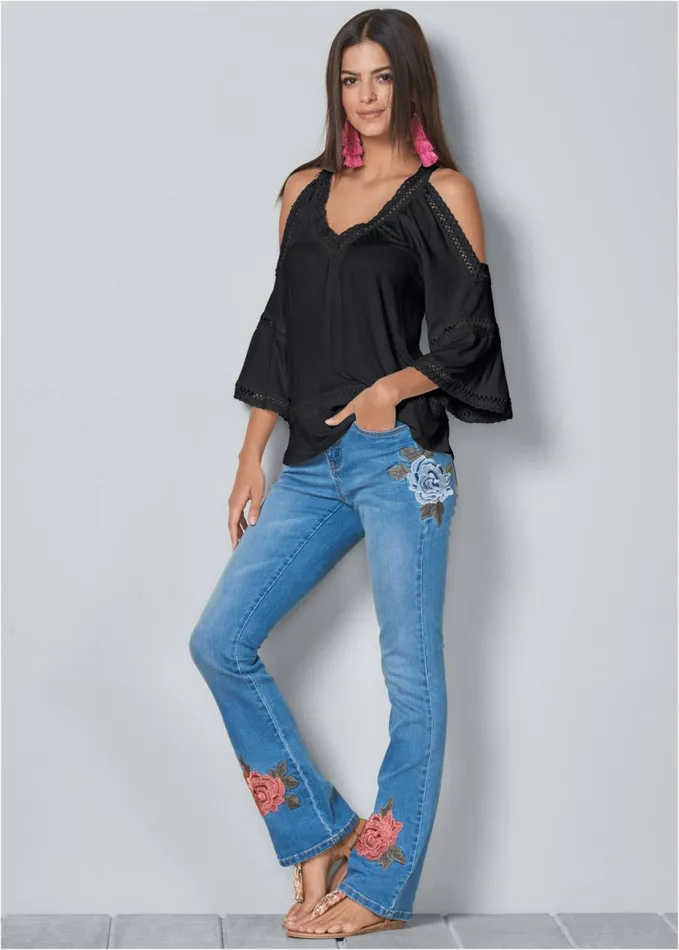 Coldshoulder Lace Trim Top Black Women VENUS Casual Tops