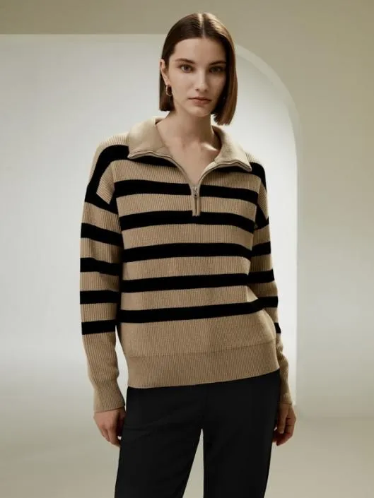Collared QuarterZip Wool Sweater Women Lilysilk Knitwear
