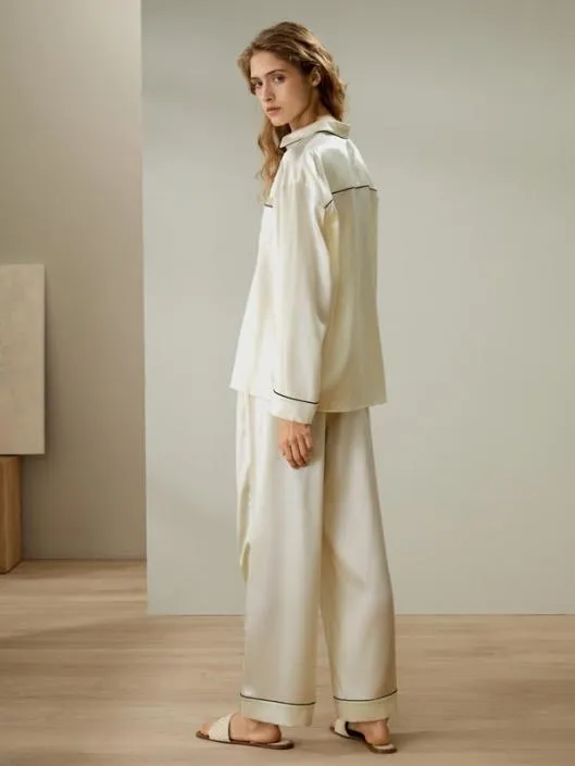 Contrast Piping ButtonUp Full Length Pajama Set Women Lilysilk Pajamas