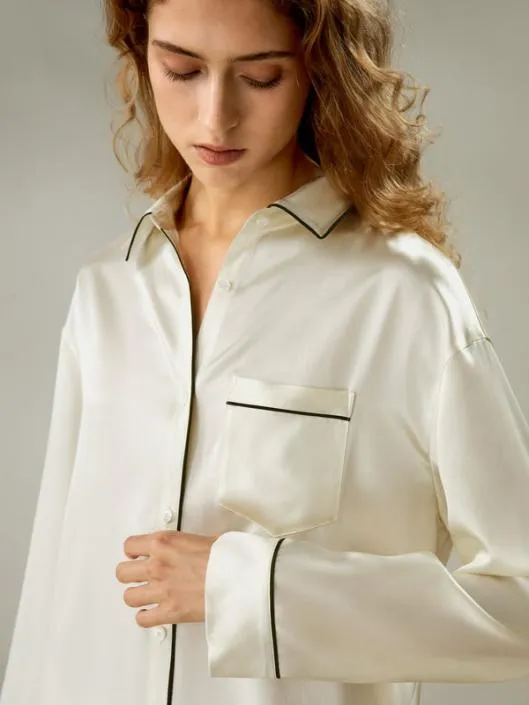 Contrast Piping ButtonUp Full Length Pajama Set Women Lilysilk Pajamas