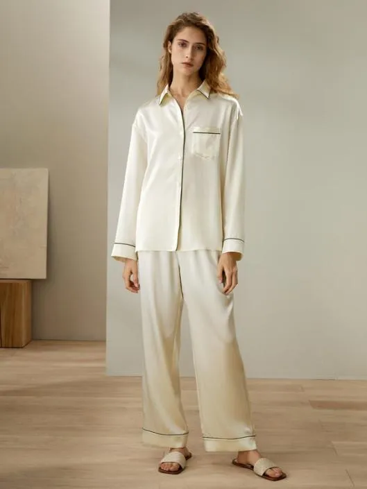 Contrast Piping ButtonUp Full Length Pajama Set Women Lilysilk Pajamas