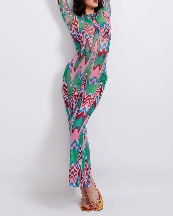 CoverUps Women PatBO Wave Printed Tulle Maxi Dress