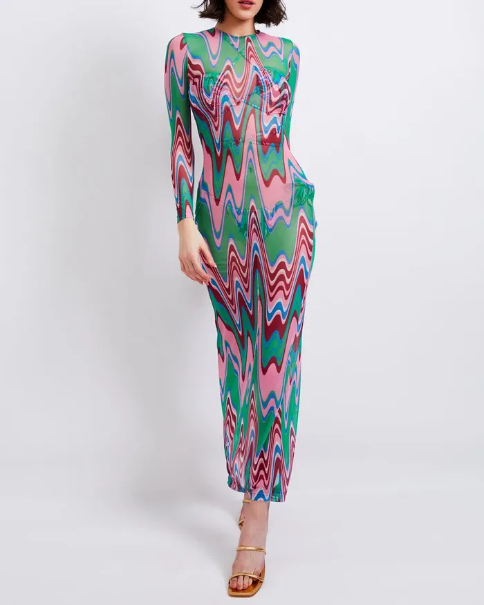 CoverUps Women PatBO Wave Printed Tulle Maxi Dress