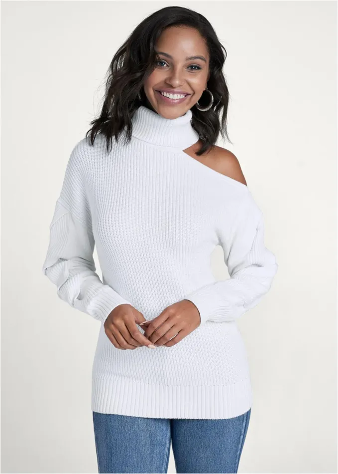 Cutout Shoulder Turtleneck White Women VENUS Turtleneck and Mock Neck