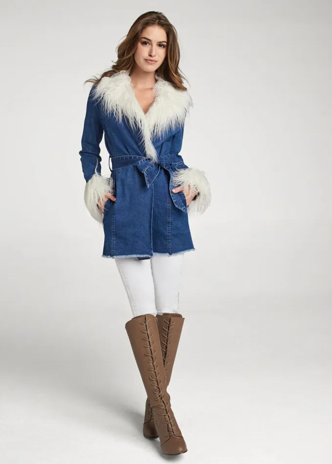 Denim And FauxFur Trench Denim Blue Women VENUS Denim