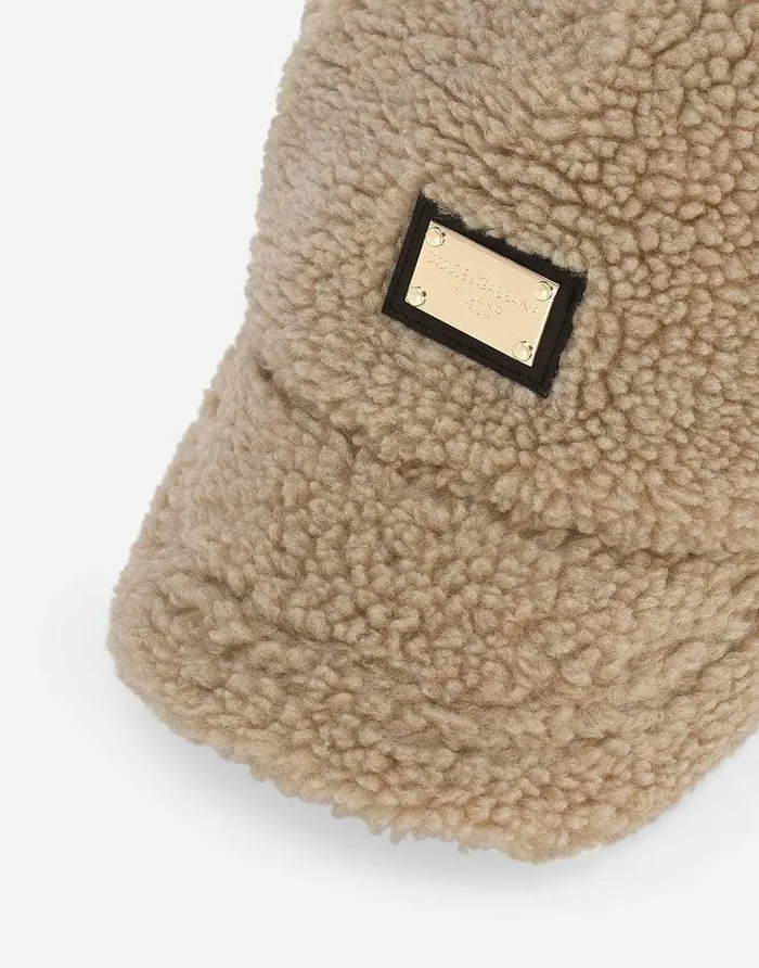 Dolce and Gabbana Accessories Children Faux Fur Baseball Cap With Logo Tag Beige