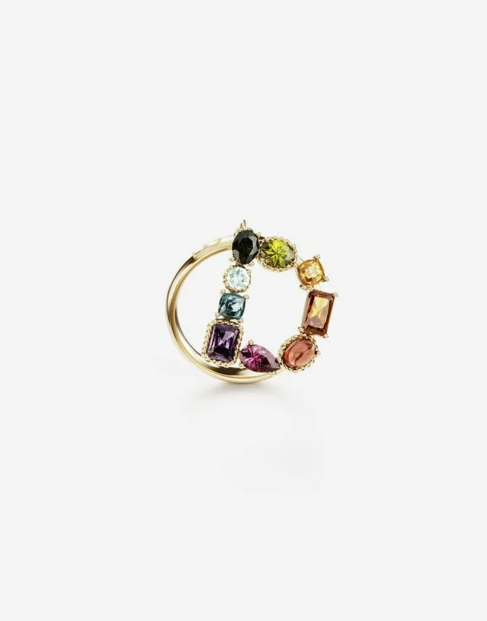Dolce and Gabbana Alphabet Collection Women Rainbow Alphabet D Ring In Yellow Gold With Multicolor Fine Gems Gold Dolce and Gabbana Alphabet Collection Women Rainbow Alphabet D Ring In Yellow Gold With Multicolor Fine Gems Gold