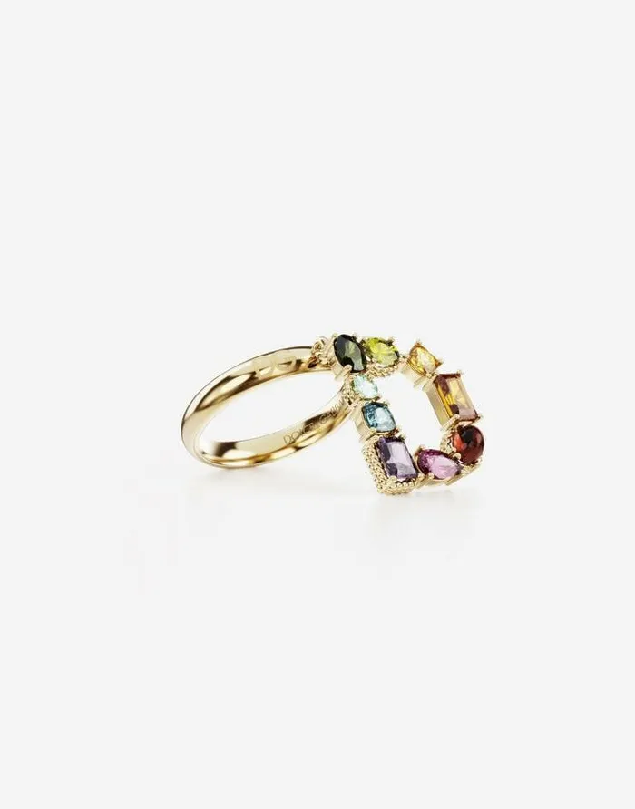 Dolce and Gabbana Alphabet Collection Women Rainbow Alphabet D Ring In Yellow Gold With Multicolor Fine Gems Gold Dolce and Gabbana Alphabet Collection Women Rainbow Alphabet D Ring In Yellow Gold With Multicolor Fine Gems Gold