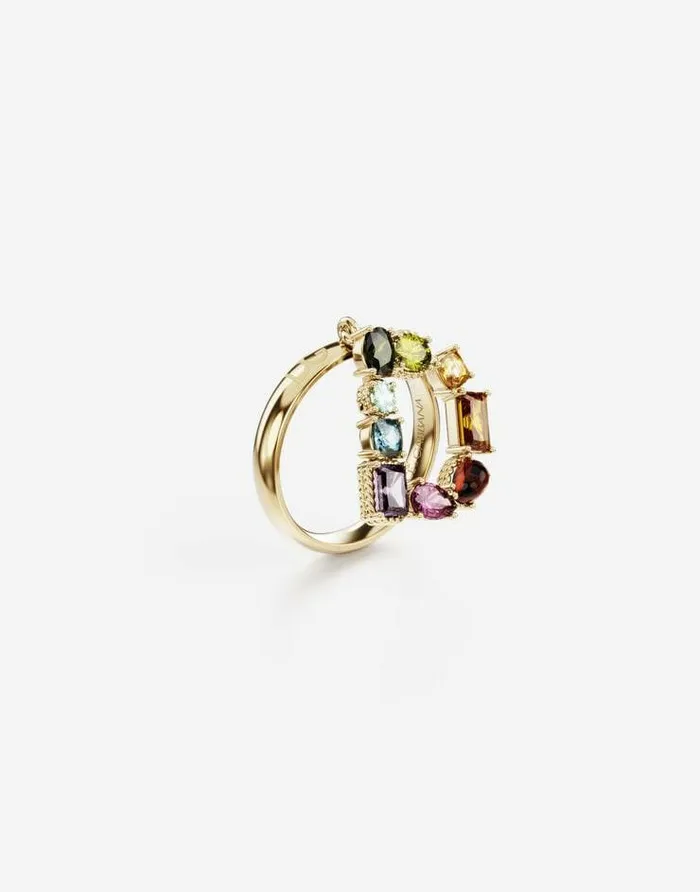 Dolce and Gabbana Alphabet Collection Women Rainbow Alphabet D Ring In Yellow Gold With Multicolor Fine Gems Gold Dolce and Gabbana Alphabet Collection Women Rainbow Alphabet D Ring In Yellow Gold With Multicolor Fine Gems Gold