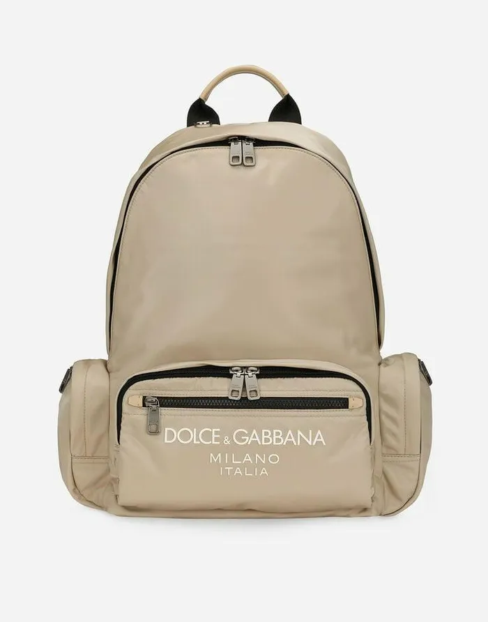 Dolce and Gabbana Backpacks And Fanny Packs Men Nylon Backpack With Rubberized Logo Beige Dolce and Gabbana Backpacks And Fanny Packs Men Nylon Backpack With Rubberized Logo Beige