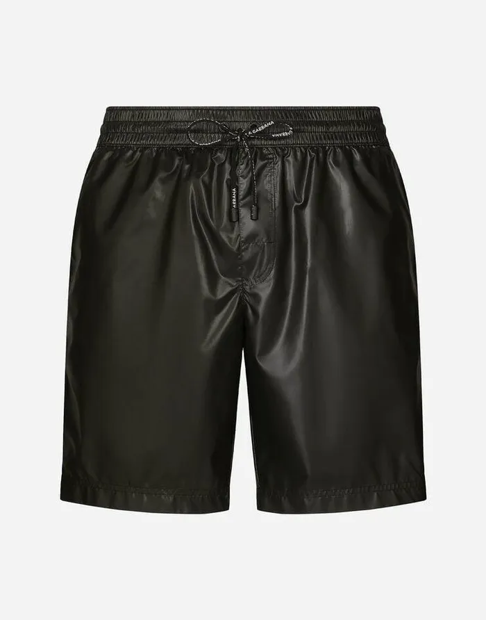 Dolce and Gabbana Beachwear Men Midlength Swim Trunks With Branded Band Black Dolce and Gabbana Beachwear Men Midlength Swim Trunks With Branded Band Black
