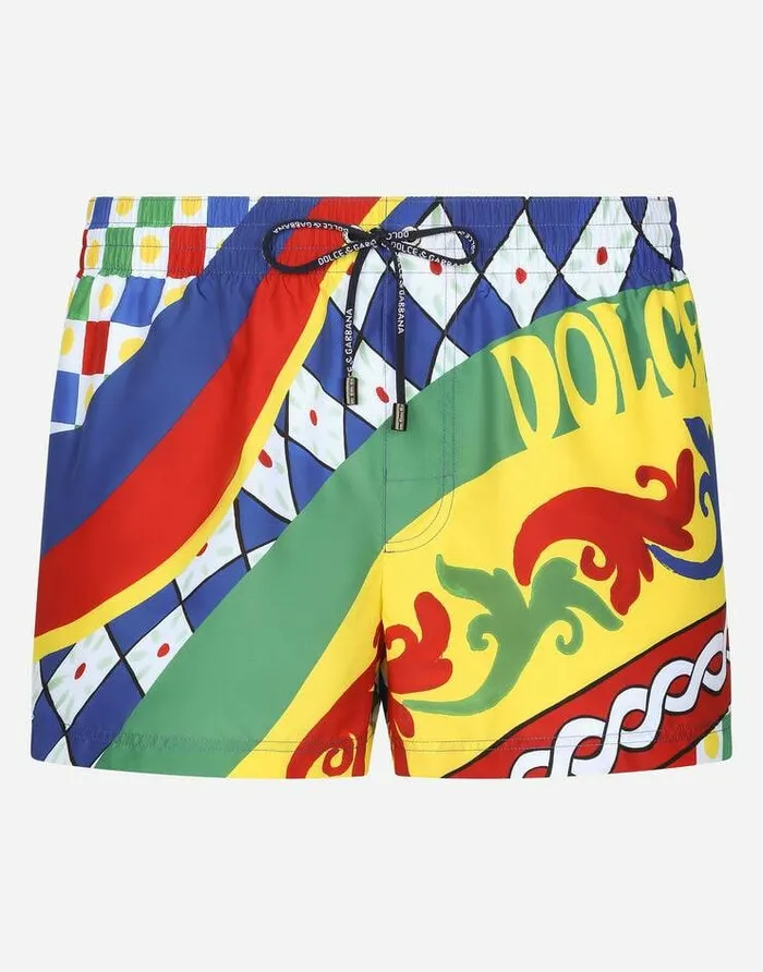 Dolce and Gabbana Beachwear Men Short Swim Trunks With Carretto Print Multicolor