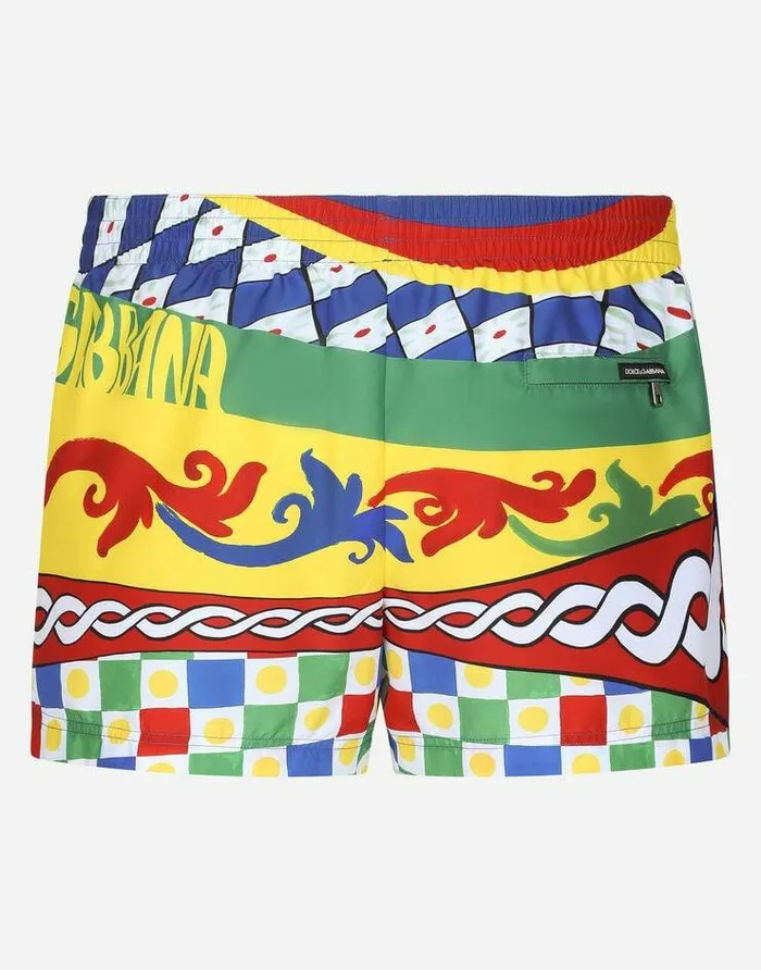 Dolce and Gabbana Beachwear Men Short Swim Trunks With Carretto Print Multicolor Dolce and Gabbana Beachwear Men Short Swim Trunks With Carretto Print Multicolor