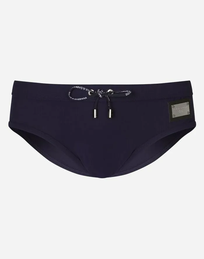 Dolce and Gabbana Beachwear Men Swim Briefs With Highcut Leg And Branded Plate Blue Dolce and Gabbana Beachwear Men Swim Briefs With Highcut Leg And Branded Plate Blue