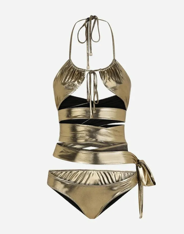 Dolce and Gabbana Beachwear Women Bikini With Wraparound Lace Ties Gold