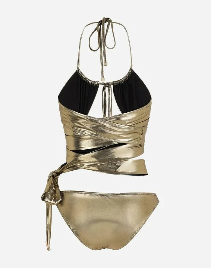 Dolce and Gabbana Beachwear Women Bikini With Wraparound Lace Ties Gold