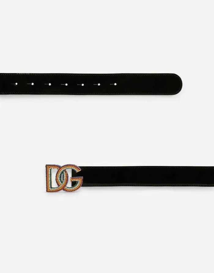Dolce and Gabbana Belts Women Polished Calfskin Belt With Crystal DG Logo Multicolor