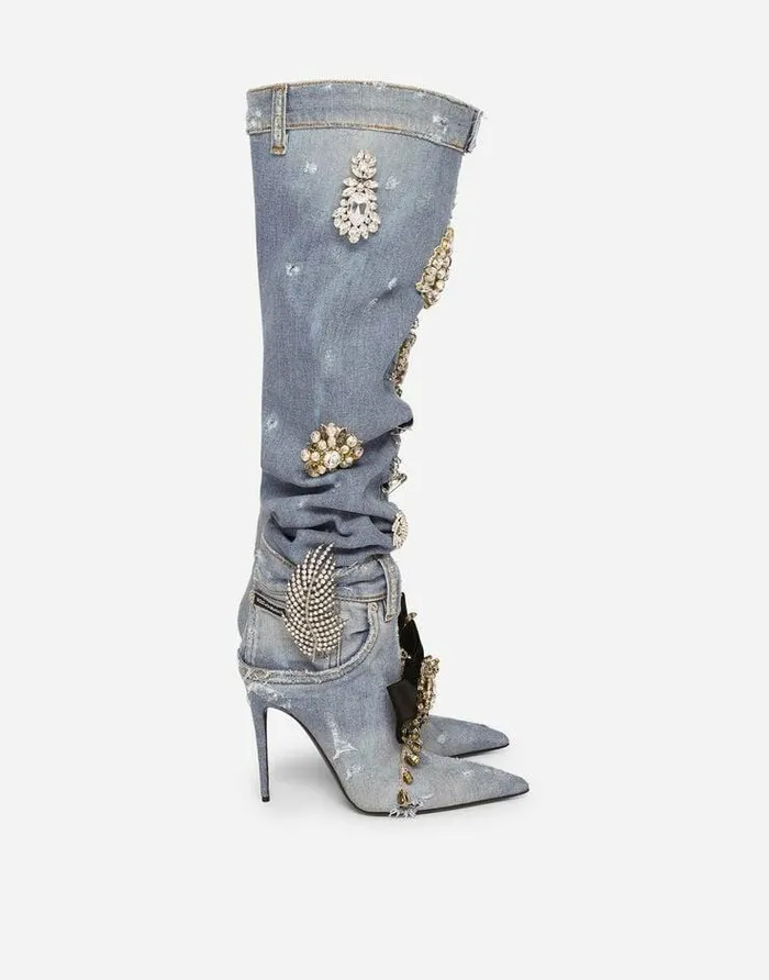 Dolce and Gabbana Boots And Booties Women Patchwork Denim Boots With Embroidery Blue