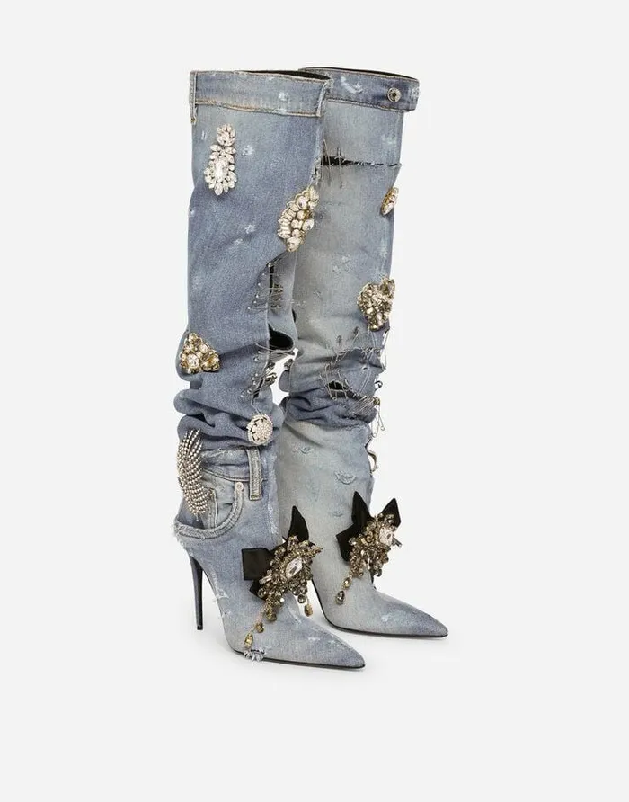 Dolce and Gabbana Boots And Booties Women Patchwork Denim Boots With Embroidery Blue Dolce and Gabbana Boots And Booties Women Patchwork Denim Boots With Embroidery Blue