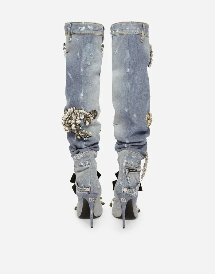 Dolce and Gabbana Boots And Booties Women Patchwork Denim Boots With Embroidery Blue Dolce and Gabbana Boots And Booties Women Patchwork Denim Boots With Embroidery Blue