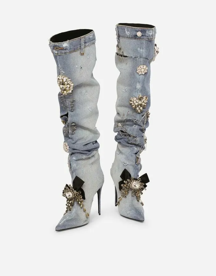 Dolce and Gabbana Boots And Booties Women Patchwork Denim Boots With Embroidery Blue Dolce and Gabbana Boots And Booties Women Patchwork Denim Boots With Embroidery Blue