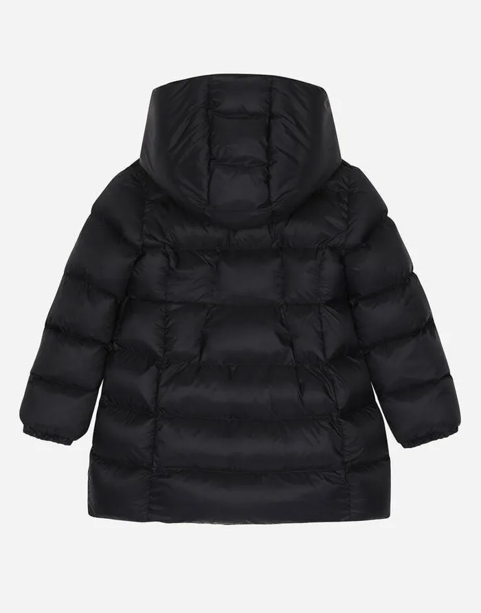 Dolce and Gabbana Coats And Jackets Children Nylon Down Jacket With Rose Patch Blue Dolce and Gabbana Coats And Jackets Children Nylon Down Jacket With Rose Patch Blue