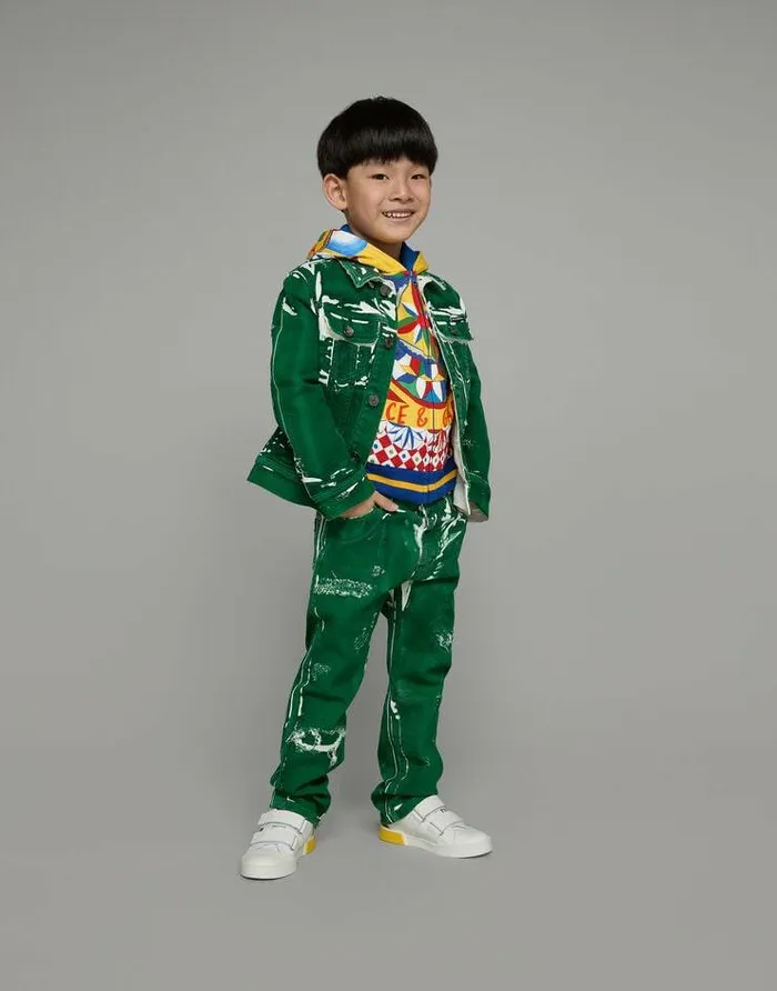 Dolce and Gabbana Coats And Jackets Children Treated Denim Jacket With Logo Tag Green Dolce and Gabbana Coats And Jackets Children Treated Denim Jacket With Logo Tag Green