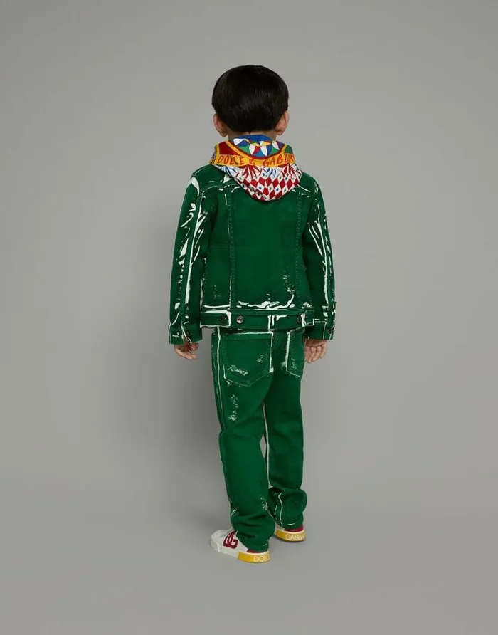 Dolce and Gabbana Coats And Jackets Children Treated Denim Jacket With Logo Tag Green Dolce and Gabbana Coats And Jackets Children Treated Denim Jacket With Logo Tag Green