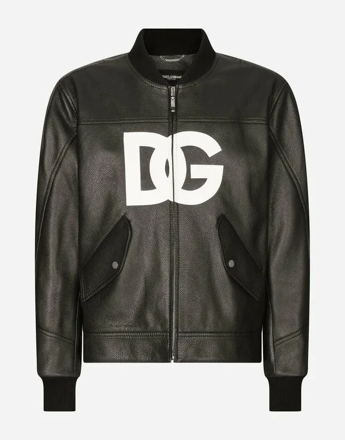 Dolce and Gabbana Coats And Jackets Men Leather Jacket With DG Logo Print Black