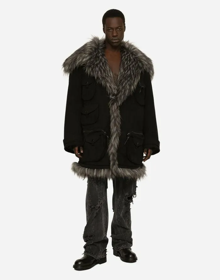 Dolce and Gabbana Coats And Jackets Men Multipocket Cotton Pea Coat With Faux Fur Details Black Dolce and Gabbana Coats And Jackets Men Multipocket Cotton Pea Coat With Faux Fur Details Black