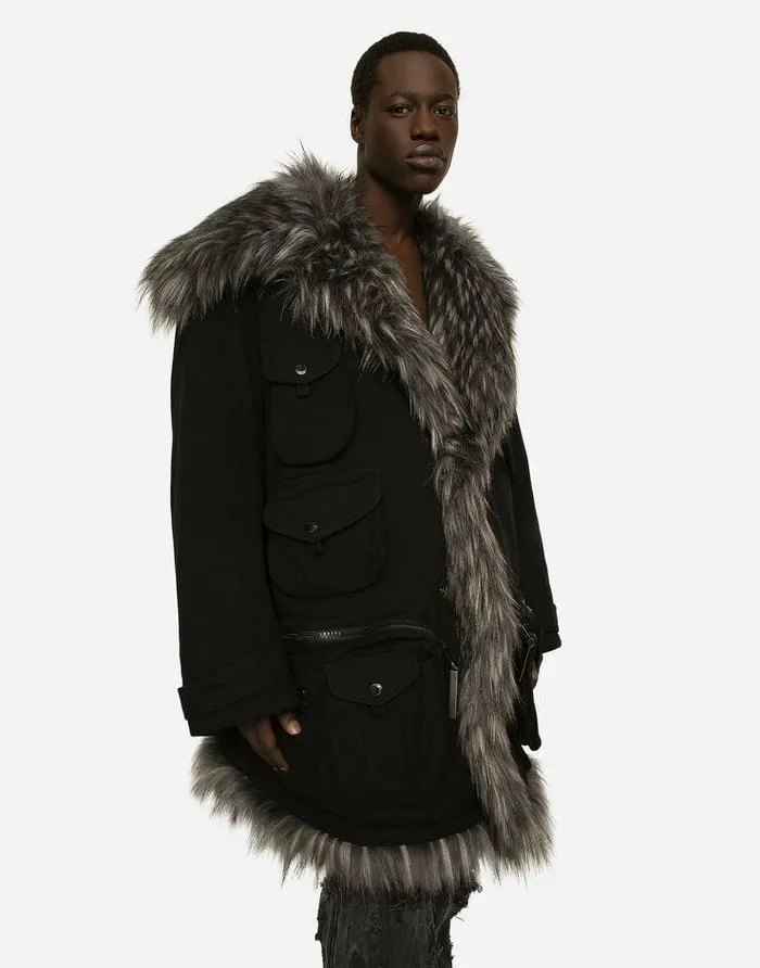 Dolce and Gabbana Coats And Jackets Men Multipocket Cotton Pea Coat With Faux Fur Details Black Dolce and Gabbana Coats And Jackets Men Multipocket Cotton Pea Coat With Faux Fur Details Black