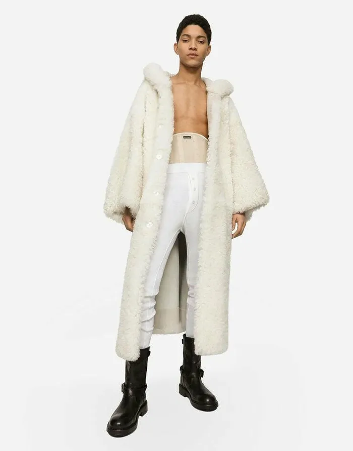 Dolce and Gabbana Coats And Jackets Men Shearling Coat With Hood White Dolce and Gabbana Coats And Jackets Men Shearling Coat With Hood White