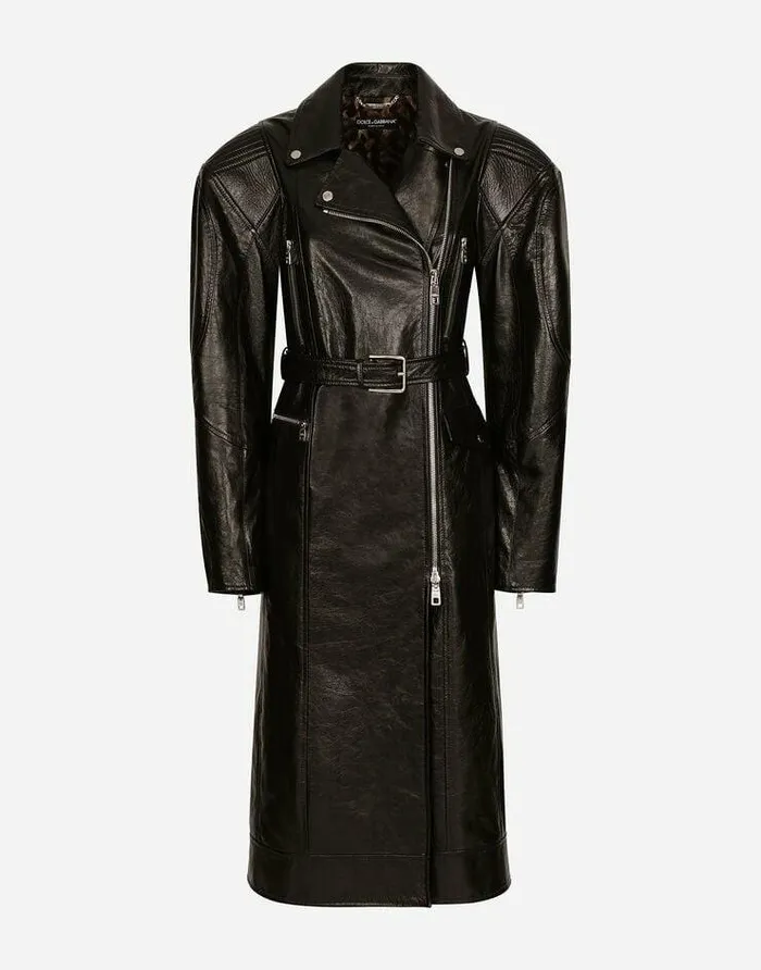 Dolce and Gabbana Coats And Jackets Women Belted Leather Biker Coat Black
