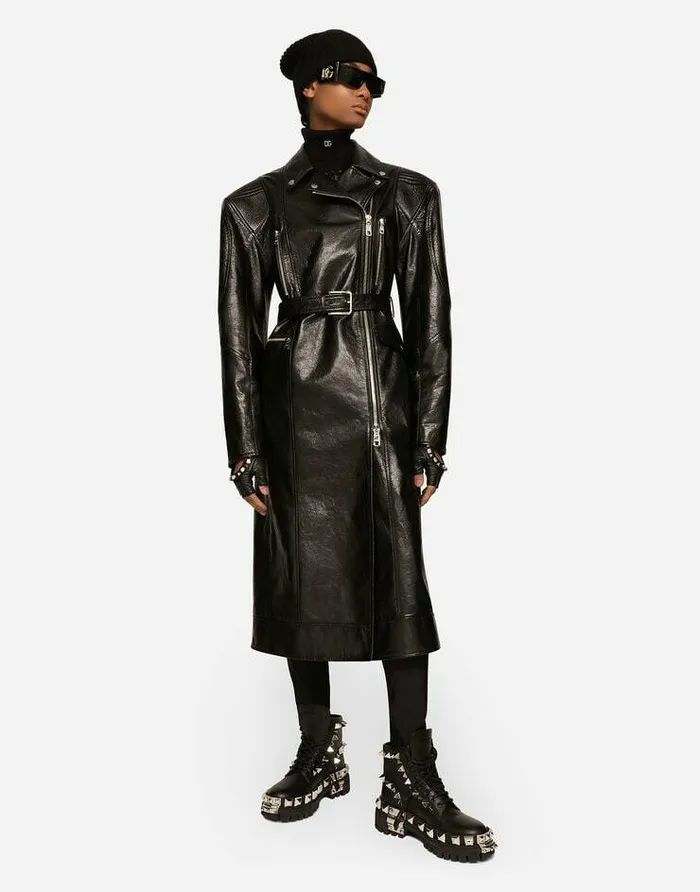 Dolce and Gabbana Coats And Jackets Women Belted Leather Biker Coat Black Dolce and Gabbana Coats And Jackets Women Belted Leather Biker Coat Black