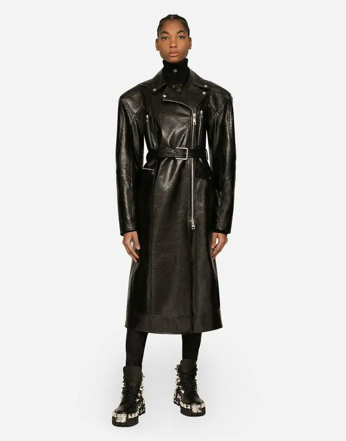 Dolce and Gabbana Coats And Jackets Women Belted Leather Biker Coat Black Dolce and Gabbana Coats And Jackets Women Belted Leather Biker Coat Black