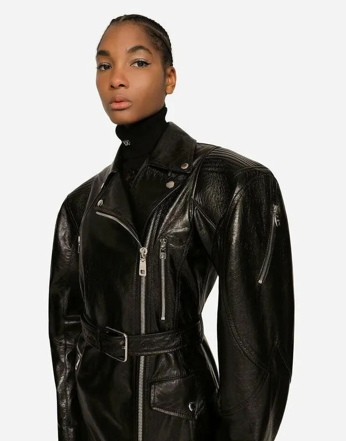 Dolce and Gabbana Coats And Jackets Women Belted Leather Biker Coat Black Dolce and Gabbana Coats And Jackets Women Belted Leather Biker Coat Black