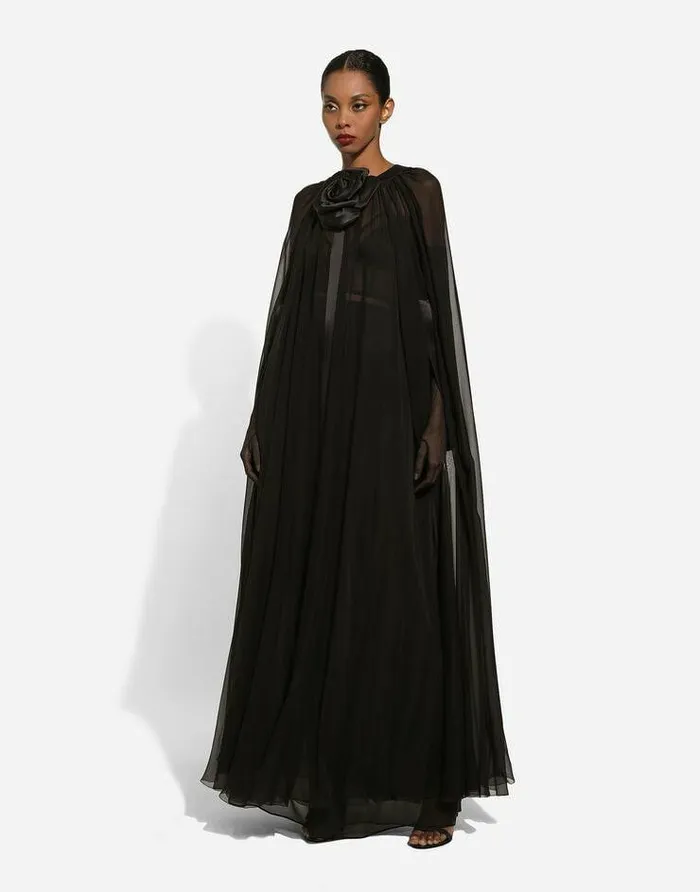 Dolce and Gabbana Coats And Jackets Women Silk Chiffon Cape With Flower Appliqu Black Dolce and Gabbana Coats And Jackets Women Silk Chiffon Cape With Flower Appliqu Black