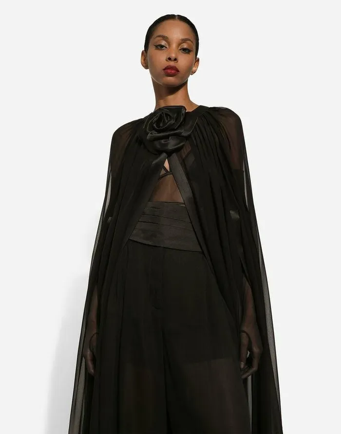 Dolce and Gabbana Coats And Jackets Women Silk Chiffon Cape With Flower Appliqu Black Dolce and Gabbana Coats And Jackets Women Silk Chiffon Cape With Flower Appliqu Black