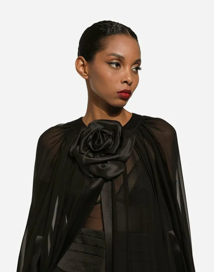 Dolce and Gabbana Coats And Jackets Women Silk Chiffon Cape With Flower Appliqu Black Dolce and Gabbana Coats And Jackets Women Silk Chiffon Cape With Flower Appliqu Black