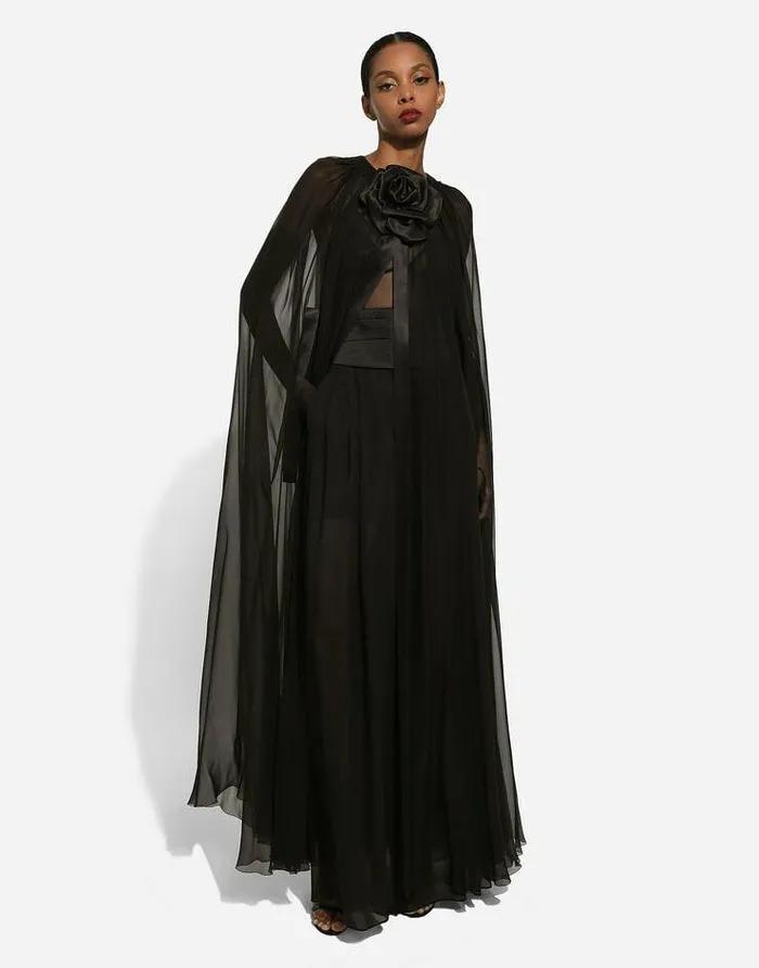 Dolce and Gabbana Coats And Jackets Women Silk Chiffon Cape With Flower Appliqu Black Dolce and Gabbana Coats And Jackets Women Silk Chiffon Cape With Flower Appliqu Black