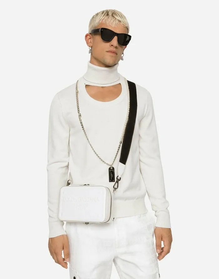 Dolce and Gabbana Crossbody Bags Men Calfskin Crossbody Bag With Raised Logo White Dolce and Gabbana Crossbody Bags Men Calfskin Crossbody Bag With Raised Logo White