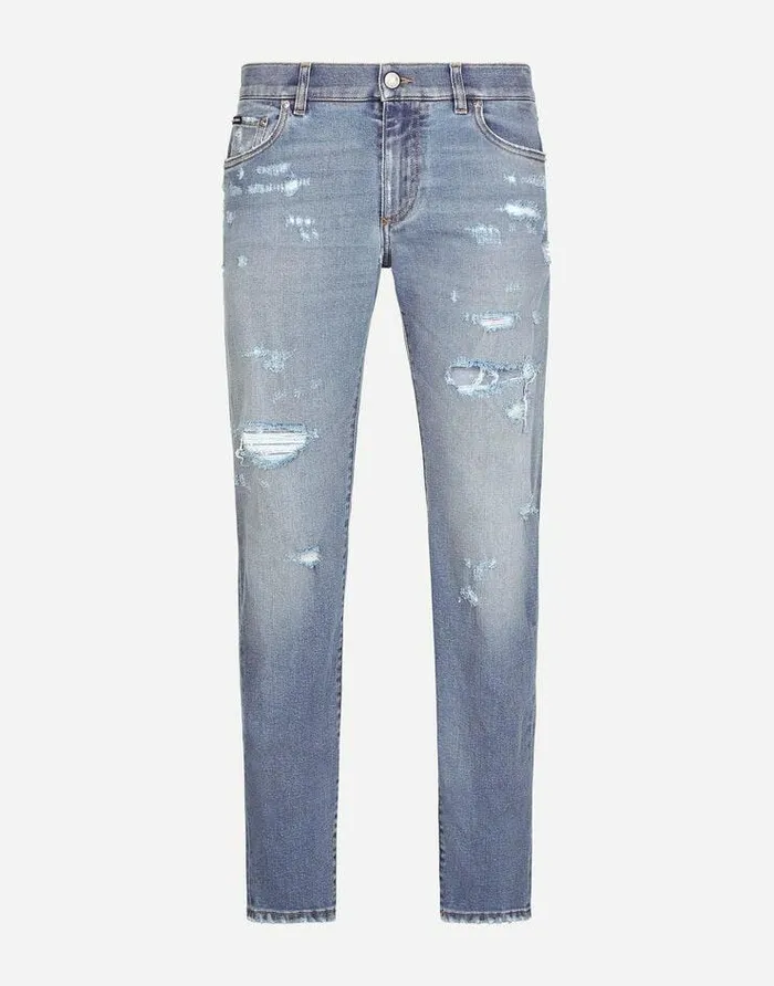 Dolce and Gabbana Denim Men Light Blue Slimfit Stretch Jeans With Rips Multicolor Dolce and Gabbana Denim Men Light Blue Slimfit Stretch Jeans With Rips Multicolor