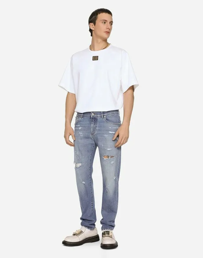 Dolce and Gabbana Denim Men Light Blue Slimfit Stretch Jeans With Rips Multicolor Dolce and Gabbana Denim Men Light Blue Slimfit Stretch Jeans With Rips Multicolor