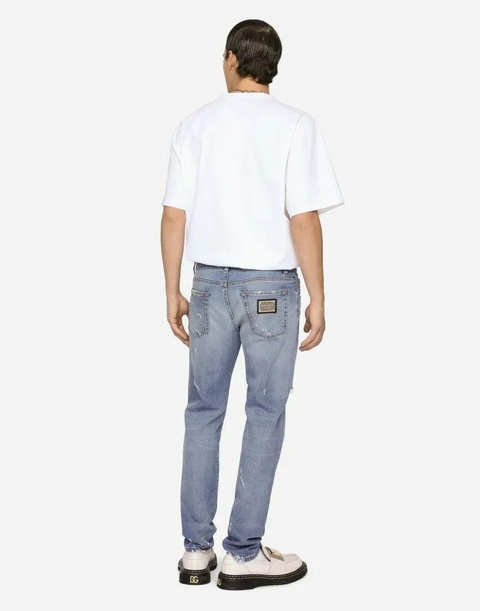 Dolce and Gabbana Denim Men Light Blue Slimfit Stretch Jeans With Rips Multicolor Dolce and Gabbana Denim Men Light Blue Slimfit Stretch Jeans With Rips Multicolor