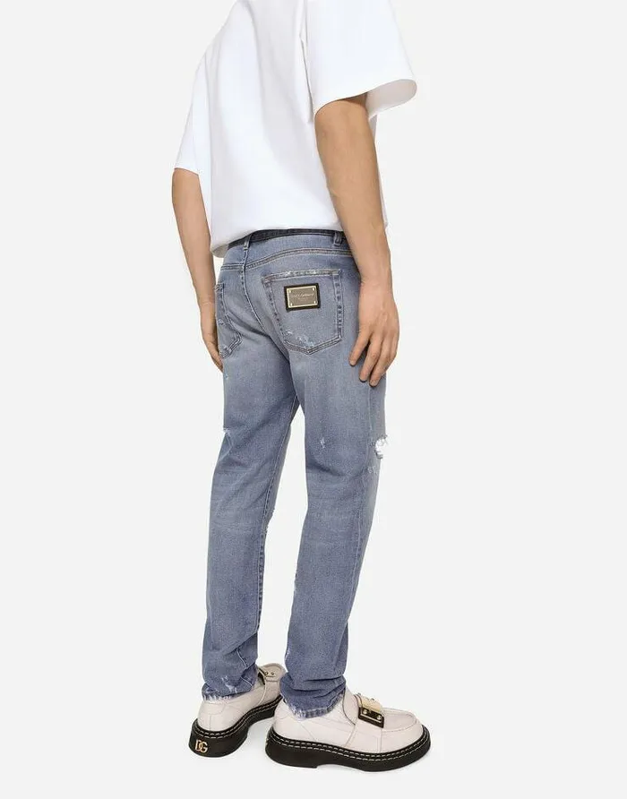 Dolce and Gabbana Denim Men Light Blue Slimfit Stretch Jeans With Rips Multicolor Dolce and Gabbana Denim Men Light Blue Slimfit Stretch Jeans With Rips Multicolor